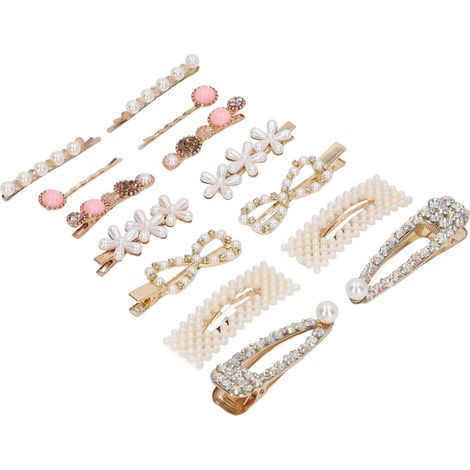 Set mit 14 eleganten und glatten Haarspangen aus synthetischen Perlen für Damen. (1/5)