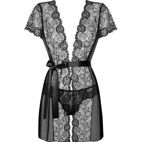 Bata y tanga - Obsessive Alluria Peignoir & Thong Negro S/M (1/4)