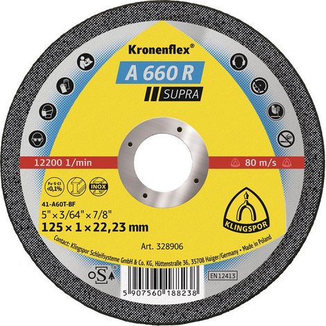 Disco de corte A 660 R Supra D125x1mm recto taladro INOX 22,23mm KLINGSPOR (Por 25)