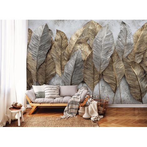 Fototapete Blätter Beton Gold Grau, für Wohnzimmer und Schlafzimmer, 150 x 105 cm – Komplettset inkl. Kleister & Anleitung (1/5)