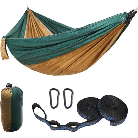 Réduction Hamac Camping Voyage Ultra léger , (270×140cm) resprant, Nylon Parachute séchage Rapide 2 x Premium Carabiners, 2 x elingues en Nylon Compris--Vert foncé et camel