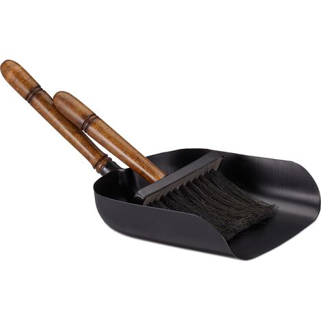 Relaxdays Kit Scopa e Paletta per Camino, Set Accessori Pulizia Legna e Stufa, in Ferro e Manico in Legno, Nero Marrone