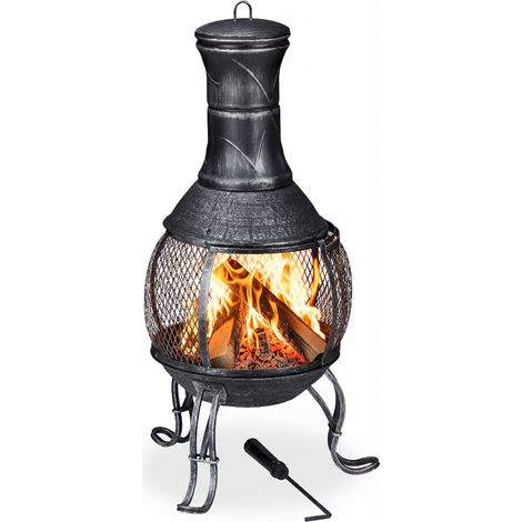 Relaxdays Chiminea, Patio Heater, Poker, Grate, Spark Guard, Patio,Terrace, Antique Look, Firepit, Height 89 cm, Grey
