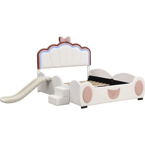 Cama infantil 140 x 200 cm de PU y MDF con LED cambiante, tobogán y escalera, rosa/blanco (1/5)