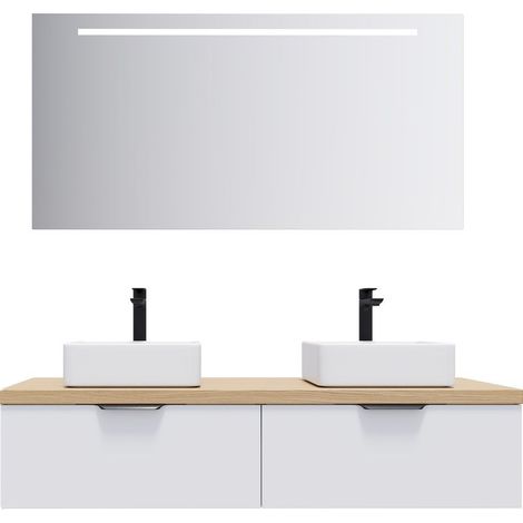 Meuble de salle de bain suspendu 2 vasques à poser 140cm 2 tiroirs Blanc + miroir - Soho (1/5)