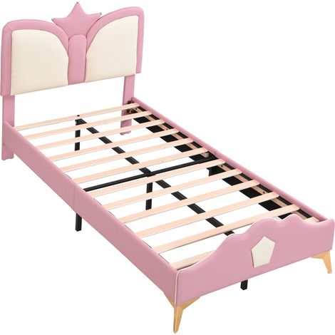 Cama infantil tapizada 90 x 200 cm con cabecero de corona, rosa y blanco, PU, hierro y espuma (1/5)