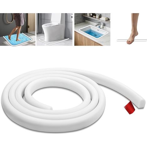 Joint Porte Douche, 200cm Seuil de Douche Barrage D'eau Autocollant, Barrière de Douche Anti Débordement, Barriere Anti Inondation Silicone, Barre de Seuil pour Salle de Bains et Cuisine, Blanc (1/5)