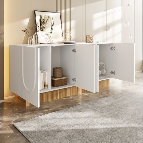 REDOM - Buffet 160x38x75cm design U relief panneau de particules mat blanc effet bois (1/5)