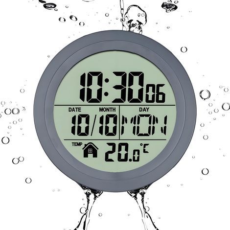 Horloge de Douche Numérique avec Affichage LCD, Décoration Murale Silencieuse et Imperméable, Ventouse avec 4 ventouses, Affiche l'Heure Température Date Jour de la Semaine (1/5)