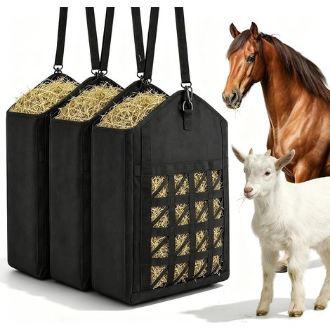 Lot de 3 filets à foin à mailles serrées pour chevaux (28 L, Oxford 600D) Grand sac à foin avec absorption lente de nourriture Robuste pour boîte, pâturage et transport (noir)