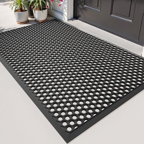 Grand Paillasson Extérieur Entrée Caoutchouc, 80x120cm Noir Tapis Porte d'Entree, Antidérapant, Rainures Drainantes, Anti-Boue, Facile à Nettoyer, pour Balcon et Terrasse (1/5)