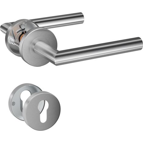 Lot de 1 Poignée de Porte à Levier en Acier Inoxydable avec Écusson Cylindrique Argenté, Compatible avec Mortaise (1/5)