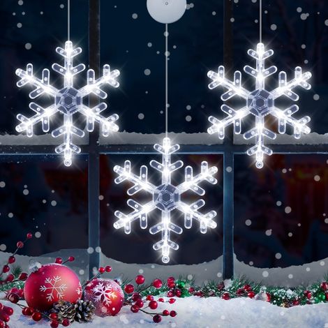 [Minuterie] Décorations de Noël pour fenêtres, lot de 3 guirlandes lumineuses flocons de neige avec ventouses, LED à piles, pour intérieur et extérieur, sapin de Noël, cheminée, décoration de fête à l (1/5)