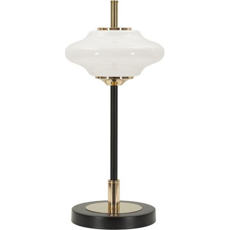 Lampada da tavolo Vintage in ferro nero e oro con diffusore in vetro bianco opalino