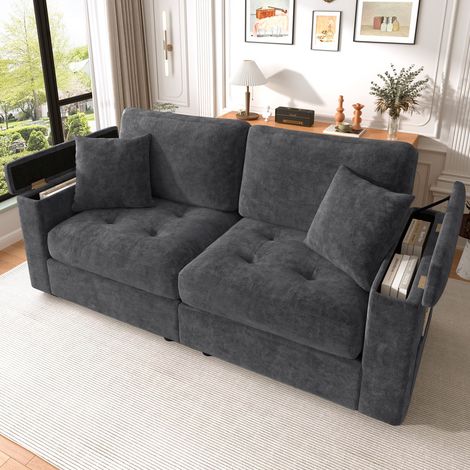 Canapé droit 2 places moderne en 180 cm, accoudoir avec espace de rangement, tissu chenille et 2 coussins de dossier, gris (1/5)