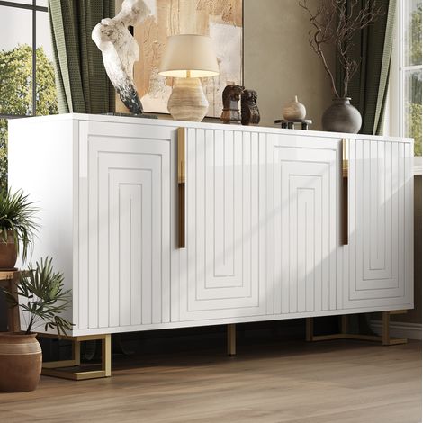 Credenza bianca 152 x 40 x 75 cm in MDF con ante geometriche, piedini e maniglie dorati OKMYHOME (1/5)