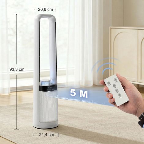 Ventilateur tour silencieux sans pales avec éclairage LED 4 couleurs, télécommande, minuterie 12 heures, blanc (1/5)