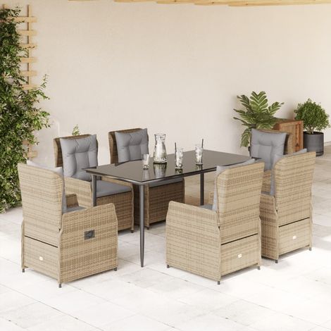 Ensemble repas de jardin 7 pièces en polyrotin beige, table noire et 6 fauteuils inclinables, 88.3kg - PANGIVO (1/5)