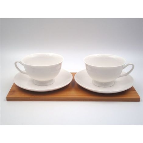 Set 2 tazze tazzine con piattini in ceramica + vassoio in bamboo (1/2)