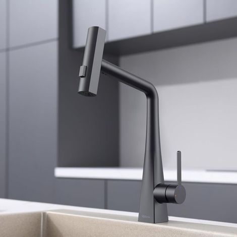 Grifo de cocina con rociador extraíble y caño giratorio, tres modos de rociado, grifo mezclador con rociador extraíble, giro de 360°, negro. (1/5)