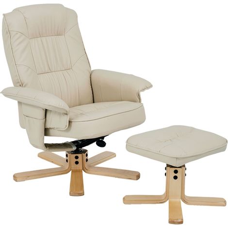Idimex – Fauteuil relax pivotant 360° avec repose-pieds – Dossier inclinable – Rembourrage en synthétique beige – Poches de rangement latérales