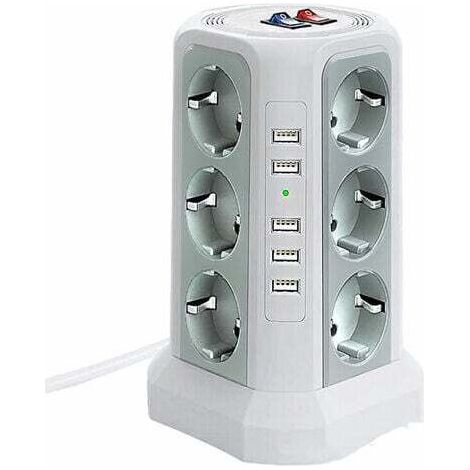 Multipresa a torre con protezione da sovratensione, multipresa elettrica con 5 porte USB e 12 prese, multipresa con 3 interruttori, bianca