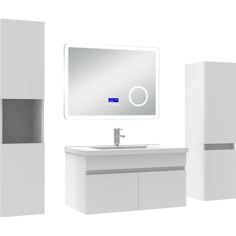Acezanble Ensemble meuble salle de bain 80 cm blanc, lavabo céramique + 2 colonnes hautes + Miroir Bluetooth avec 3 couleurs dimmable, suspendu