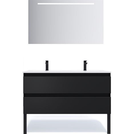 Meuble de salle de bain suspendu 2 vasques à poser 120cm 2 tiroirs Noir + miroir - Hudson (1/5)