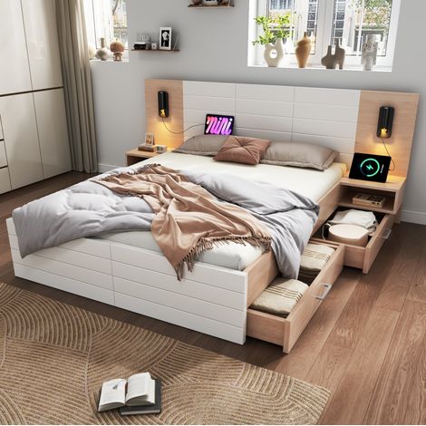 Cama doble 180x200 cm blanco y roble claro en madera maciza y MDF con cajones, luz USB y mesitas (1/5)