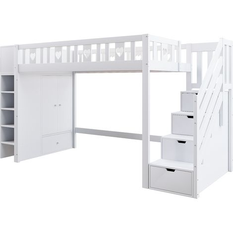 Hochbett 90 x 200 cm mit Stauraumtreppe, Regalen und klappbarem Schrank, weiß (1/5)
