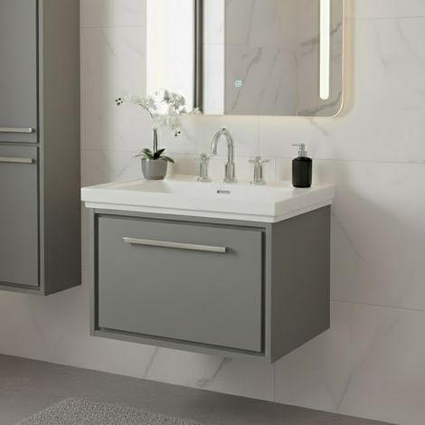 Hudson Reed Lille Wall Hung 1-Drawer Vanity Unit with 3TH Classique Basin 600mm Wide - Coastal Grey (1/5)