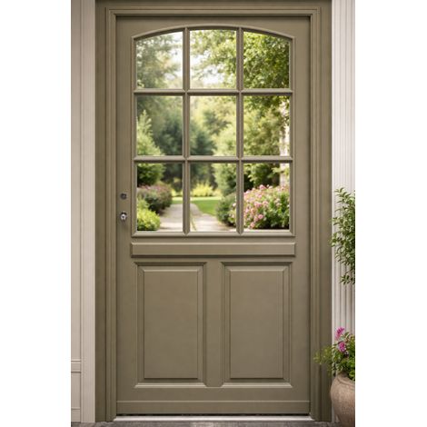 Puerta de entrada de madera con cristal Ady, verde gris oliva, H.215xL.90 cm, con tablero lateral, marco recto, GD MENUISERIES (1/5)