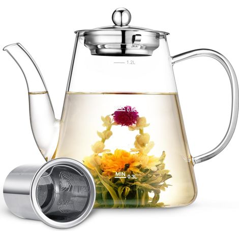 Theiere Verre, 1200 ml Theiere avec Infuseur amovible en acier inoxydable, Théière en verre résistant à la chaleur, Parfait pour le thé en feuilles ou les fleurs de thé (1/5)