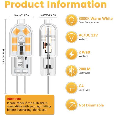 G4 2W 12V Warmweiße 200LM LED-Lampe, entspricht 10W-20W Halogenlampen mit G4-Sockel, 12V LED für Küchen-/Schrank-/Camping-Dunstabzugshauben, nicht dimmbar, 10er-Packung