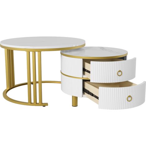 Set di 2 tavolini da salotto rotondi 2 in 1 in MDF, effetto marmo, bianco e oro (1/5)