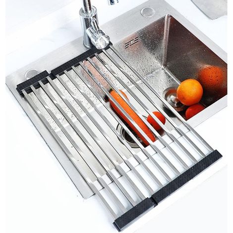 Stainless steel collapsible dish drainer – Silver roll-up sink mat 47 x 36 cm (16 tubes) (1/5)