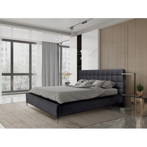 Bett MILLIO – Schwarz – 180x200 cm – Bouclé-Chenille-Stoff – Lattenrost inklusive – 5-Sterne-Hotelkomfort