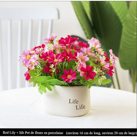 Chrysanthème rose‑rouge artificiel en pot céramique Life (1/4)