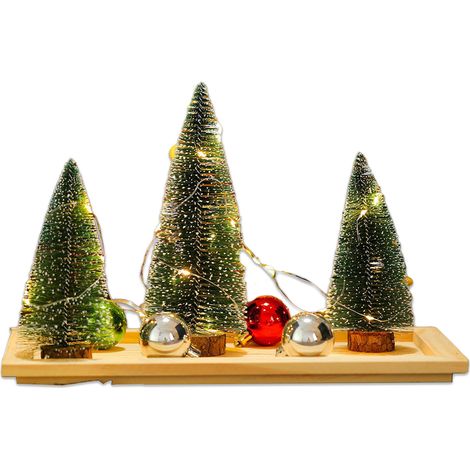 Ensemble de 3 Mini Sapins de Noël Artificiels LED avec Socle en Bois et Décorations, Vert, 33x20cm (1/5)
