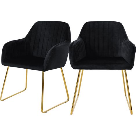 ML-Design Esszimmerstühle 2er Set, Sitzfläche aus Samt, Schwarz, Wohnzimmerstuhl mit Rücken- und Armlehnen, Küchenstuhl Gold Beine, Polsterstuhl mit Metallgestell, Ergonomische Sessel für Esstisch