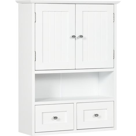 Armoire murale salle de bain 2 portes étagère ouverte 2 tiroirs polyvalente cuisine couloir salon, blanc