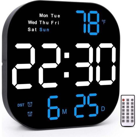 Reloj de pared digital de 10,55 pulgadas – Pantalla LED con regulador automático de brillo – Mando a distancia incluido – Reloj despertador cuadrado decorativo (1/5)