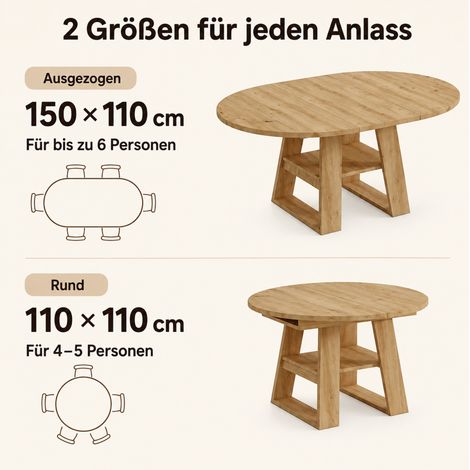 Ausziehbarer runder Esstisch mit Stauraum 110/150 x 110 cm MDF Eiche OKWISH (1/3)