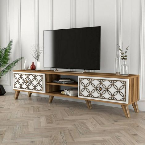 Dmora - Fernsehschrank Dpietr, Ständer für Wohnzimmerfernseher, Niedriges Wohnzimmer-Sideboard, TV-Ständerbasis, 180x35h44 cm, Walnuss und Weiß (1/5)