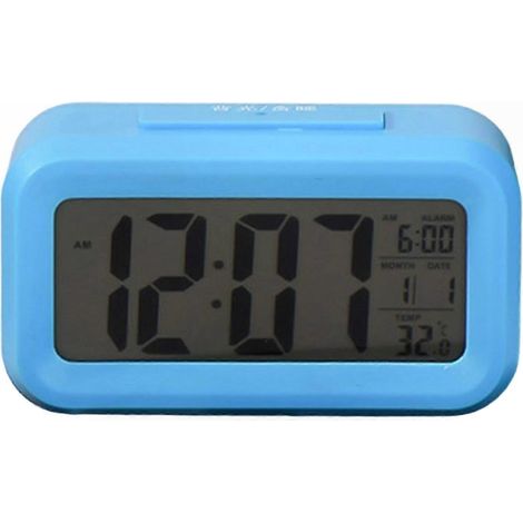 Réveil en plastique blanc avec calendrier, affichage de la température, fonction snooze et veilleuse automatique  fonctionne sur piles  affichage numérique  bleu. (1/5)