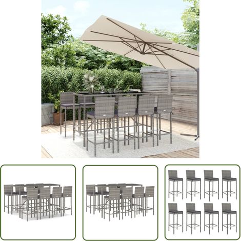 The Living Store Ensemble de bar de jardin 9 pcs avec coussins gris poly rotin - Ensemble Salon De Jardin - Mobilier De Jardin - Set De Bar Extérieur - Table Et Chaises De Jardin - Chaise Haute De Jar (1/5)