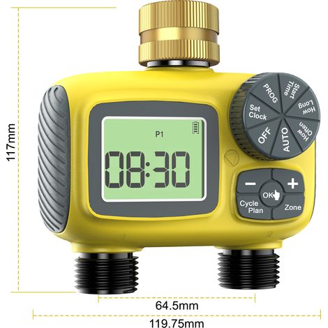 Programmateur d'arrosage - Sans application requise - Écran LCD - Système d'irrigation avec minuterie - Fonction arrosage manuel - 3 zones - Jaune (1/5)