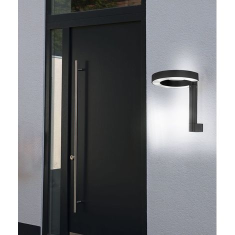 Wandleuchte Aussen LED Wandlampe Aluminium Kunststoff Leuchten Aussen satiniert grau, Ring-Design, 1x LED 6 Watt 280 Lumen warmweiß, HxBxT 20x22x22,5 cm