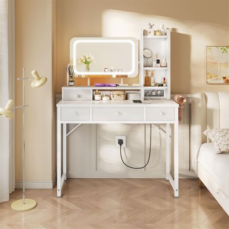 Dressing Table with Adjustable LED Mirror, 4 Fabric Drawers & Built-in USB Outlet