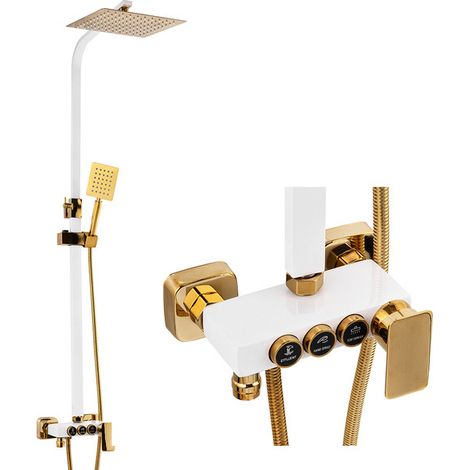 Colonne de douche Silla, système de douche avec mitigeur réglable en hauteur, design moderne, Blanc/Doré (1/5)